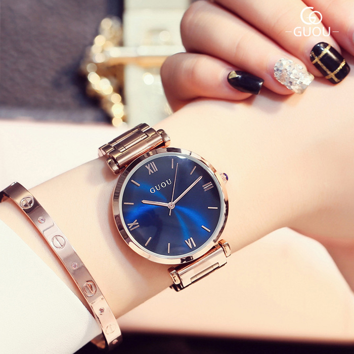 Đồng hồ nữ dây kim loại mặt tròn xanh thời thượng ĐHĐ5201