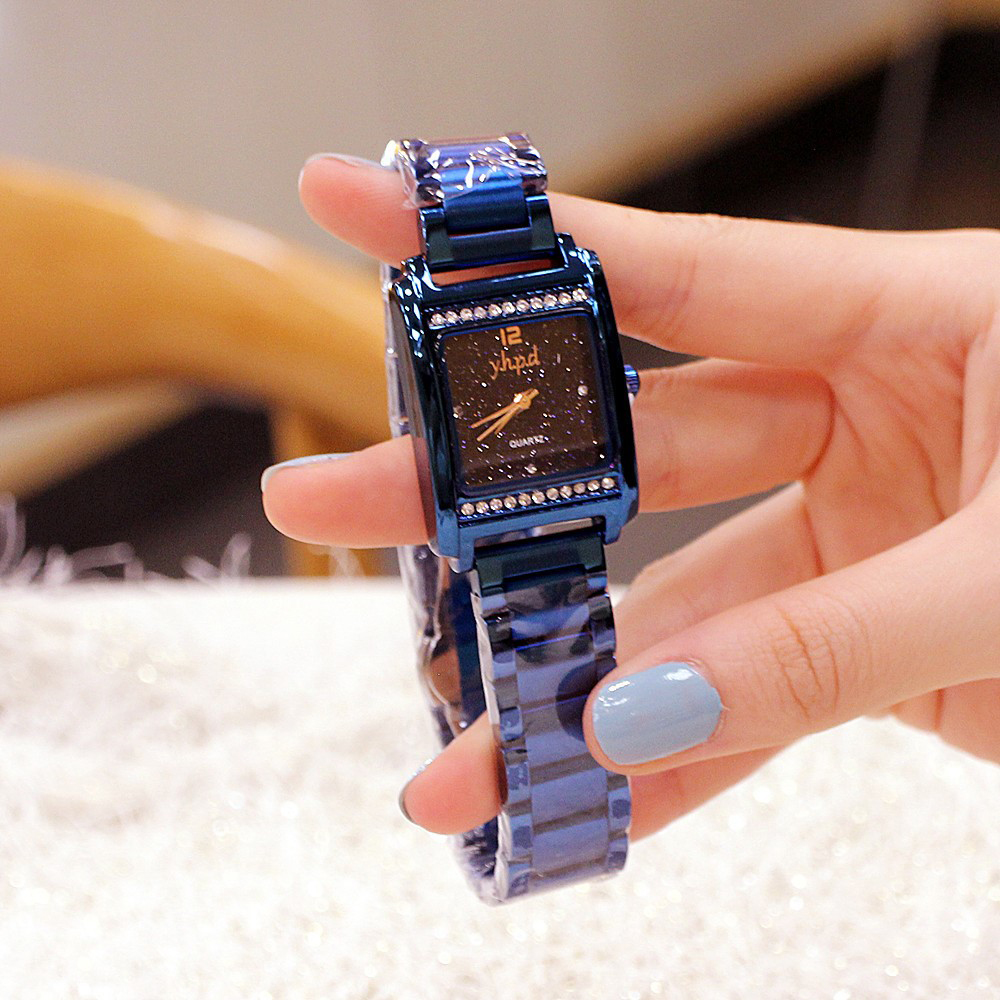 Đồng hồ nữ dây kim loại mặt vuông đính đá màu xanh thời thượng Yhpd ĐHĐ14404
