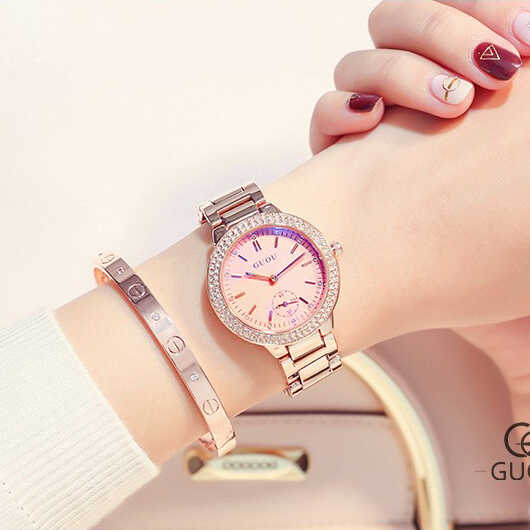 Đồng hồ nữ dây kim loại vàng mặt tròn hồng ngọt ngào Guou ĐHĐ8303