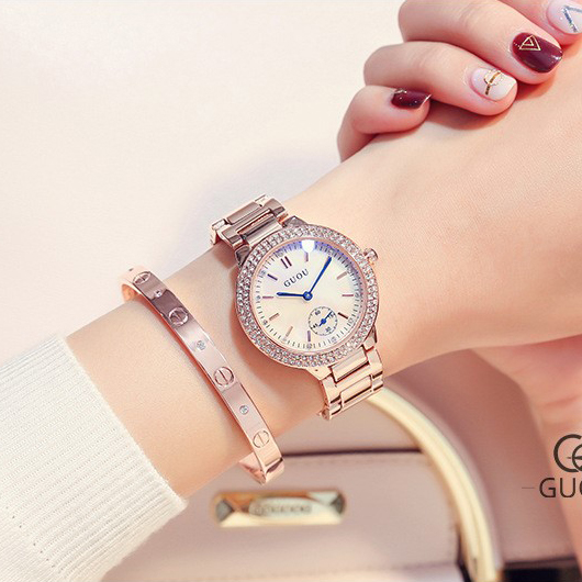 Đồng hồ nữ dây kim loại vàng mặt tròn trắng sang chảnh Guou ĐHĐ8301
