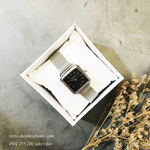 Đồng hồ nữ dây kim loại lưới bạc mặt vuông đen cá tính Ananke ĐHĐ22502