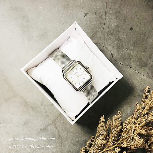 Đồng hồ nữ dây kim loại lưới bạc mặt vuông trắng hiện đại Ananke ĐHĐ22501