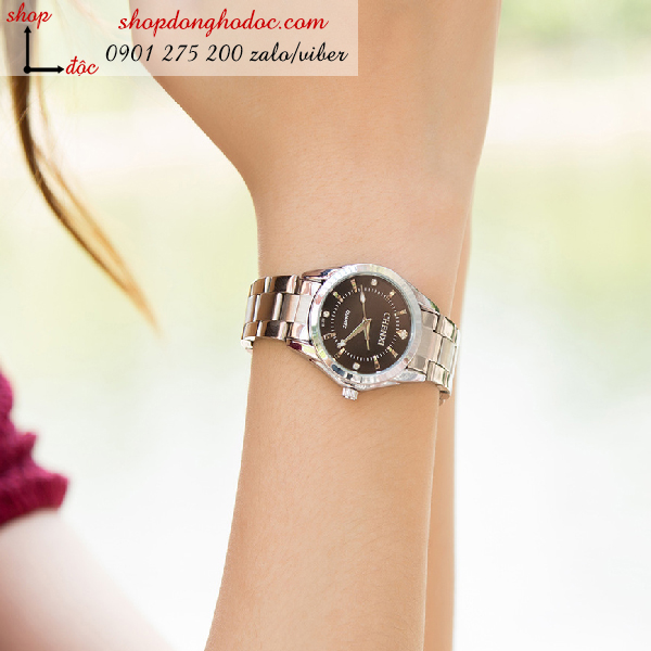 Đồng hồ nữ dây kim loại mặt tròn cá tính màu đen ĐHĐ2203