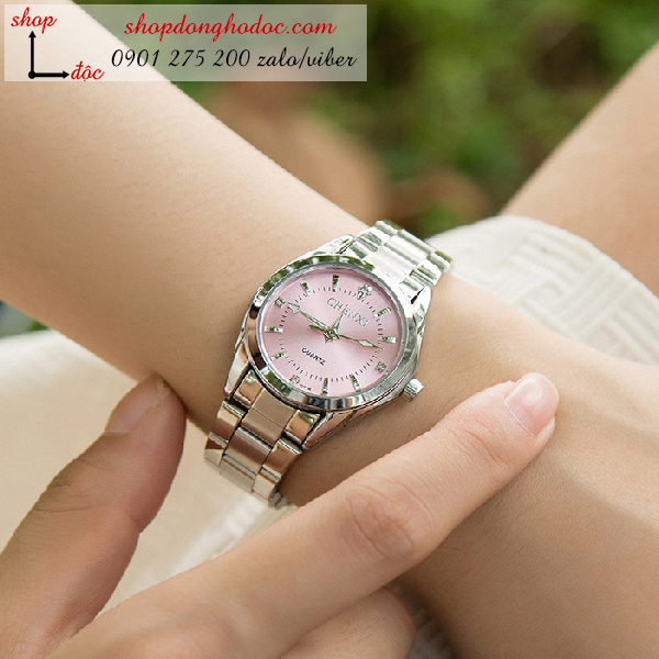 Đồng hồ nữ dây kim loại mặt tròn sang chảnh màu hồng ĐHĐ2201