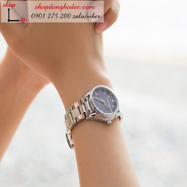 Đồng hồ nữ dây kim loại mặt tròn màu xanh dương cá tính ĐHĐ2205