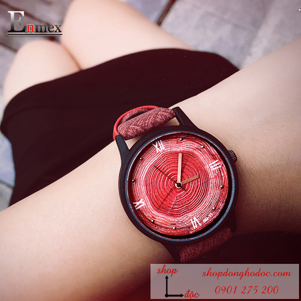 Đồng hồ nữ Enmex dây da đỏ kiểu khoan gỗ phong cách đỏ cá tính 