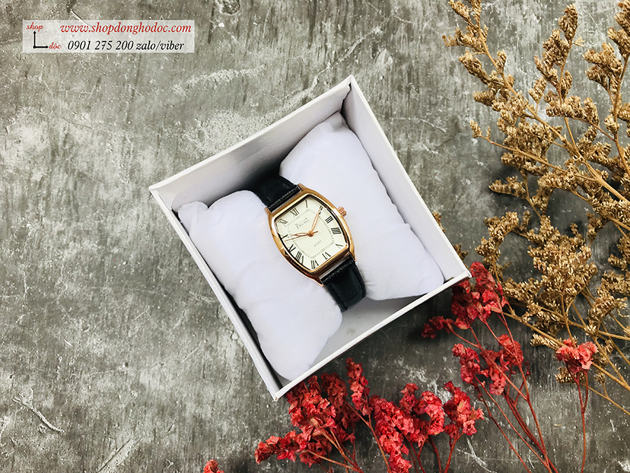 Đồng hồ nữ dây da đen mặt chữ nhật oval trắng quý phái Prema ĐHĐ1601