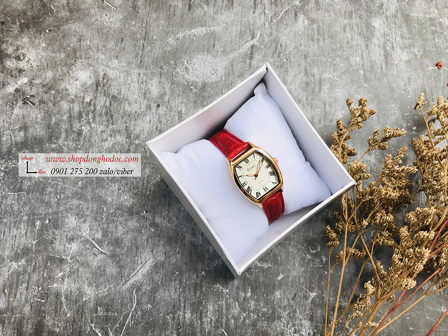 Đồng hồ nữ dây da đỏ mặt chữ nhật oval trắng thời trang Prema ĐHĐ1602