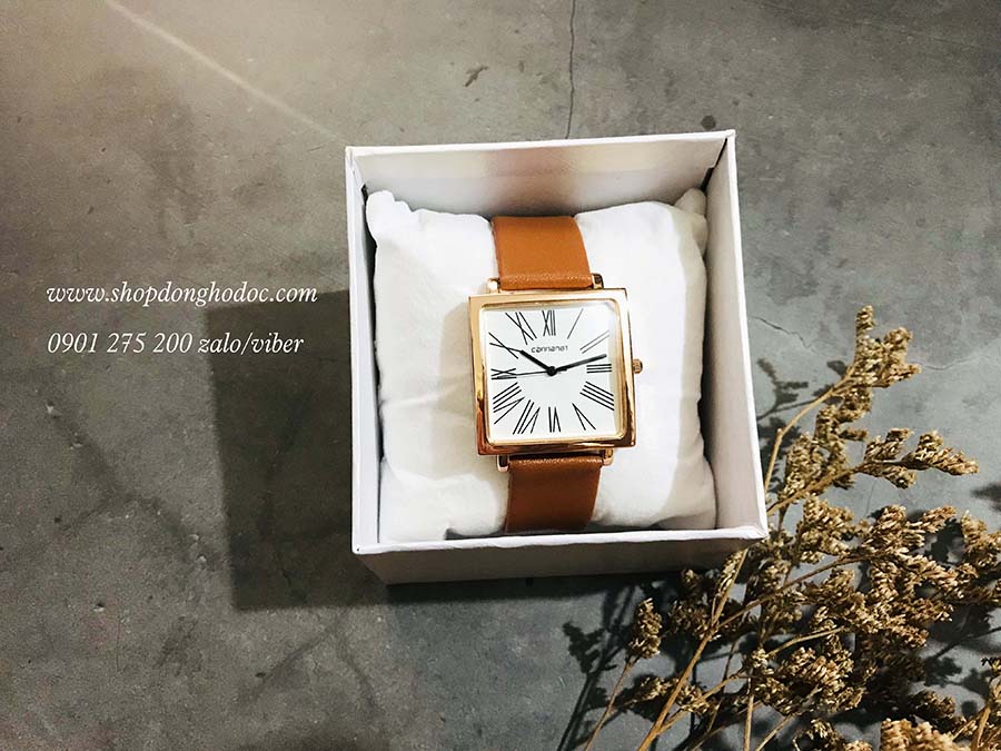Đồng hồ nữ dây da mặt vuông size to nâu cam sành điệu Cannanat ĐHĐ20903