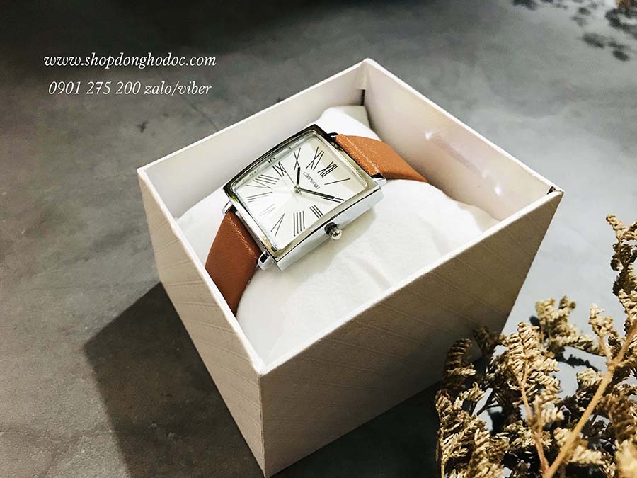Đồng hồ nữ dây da mặt vuông size to nâu cam thời trang Cannanat ĐHĐ20902