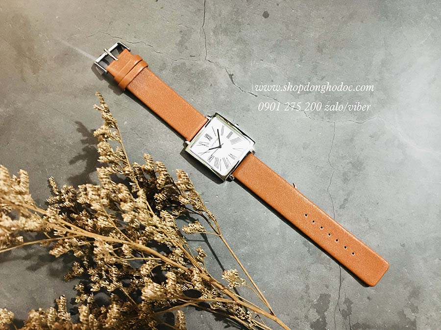 Đồng hồ nữ dây da mặt vuông size to nâu cam thời trang Cannanat ĐHĐ20902