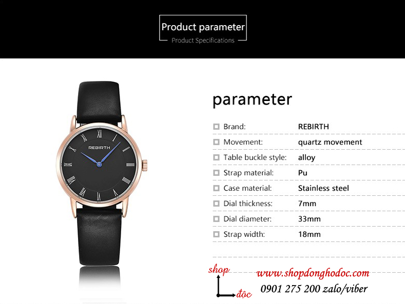 Đồng hồ nữ dây da đen mặt tròn đen cá tính Rebirth ĐHĐ21002