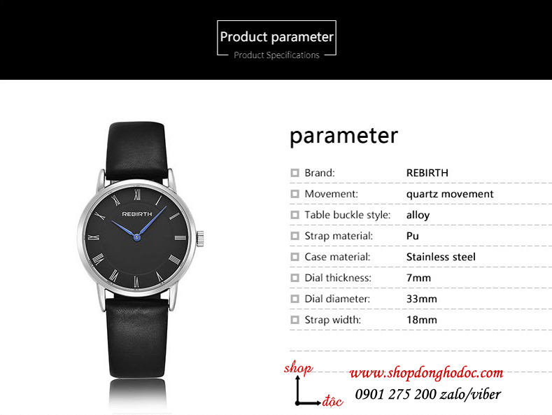 Đồng hồ nữ dây da đen mặt tròn đen hiện đại Rebirth ĐHĐ21004