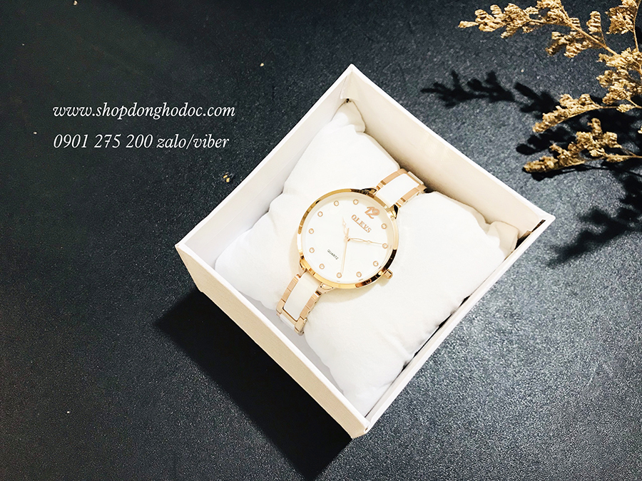 Đồng hồ nữ dây đá ceramic trắng mặt tròn trắng dịu dàng Olves ĐHĐ23402