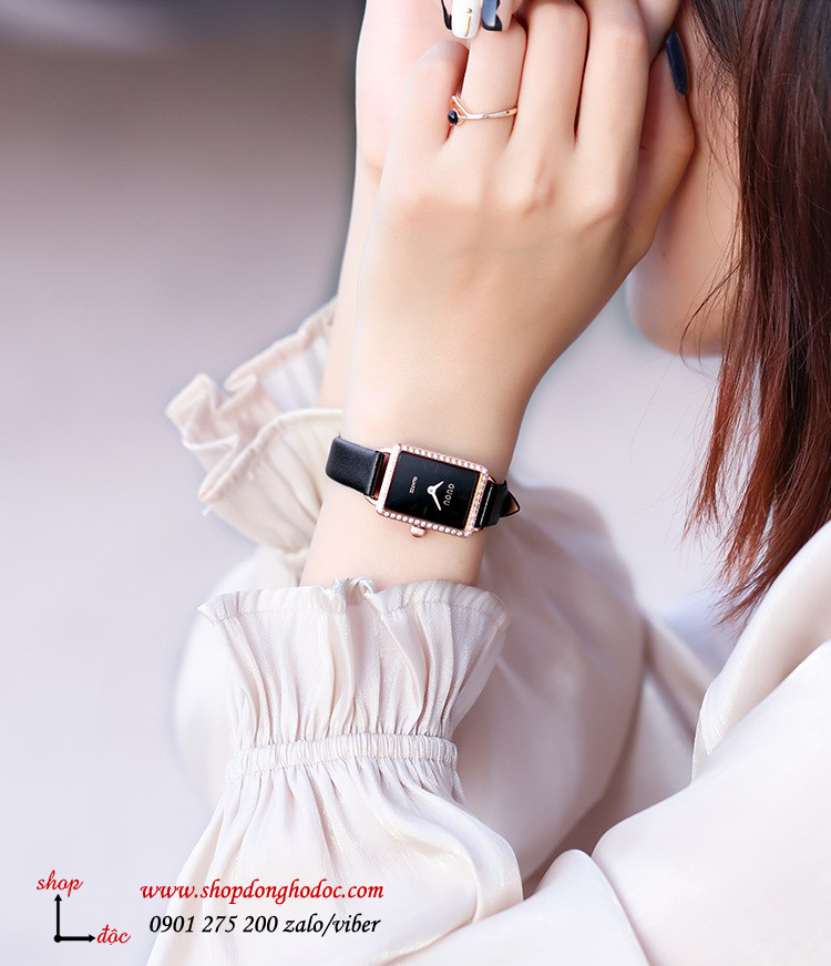 Đồng hồ nữ dây da mặt chữ nhật đính đá size nhỏ đen cá tính Guou ĐHĐ23502
