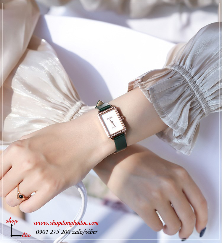 Đồng hồ nữ dây da mặt chữ nhật đính đá size nhỏ xanh lục thời thượng Guou ĐHĐ23503