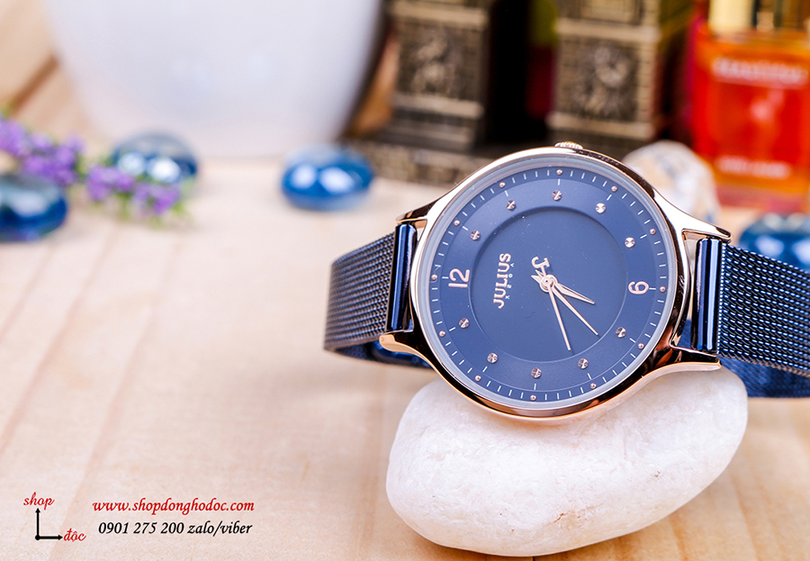 Đồng hồ nữ dây kim loại lưới mặt tròn xanh biển sành điệu Julius 1060 ĐHĐ24502