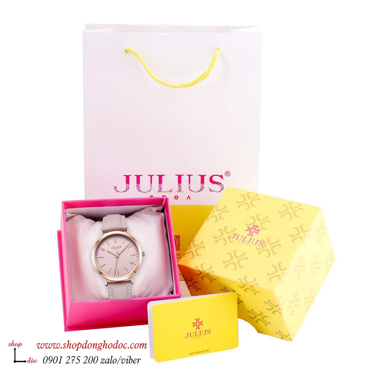 Đồng hồ nữ dây da mặt tròn hồng pastel nhẹ nhàng Julius 1017 ĐHĐ24601