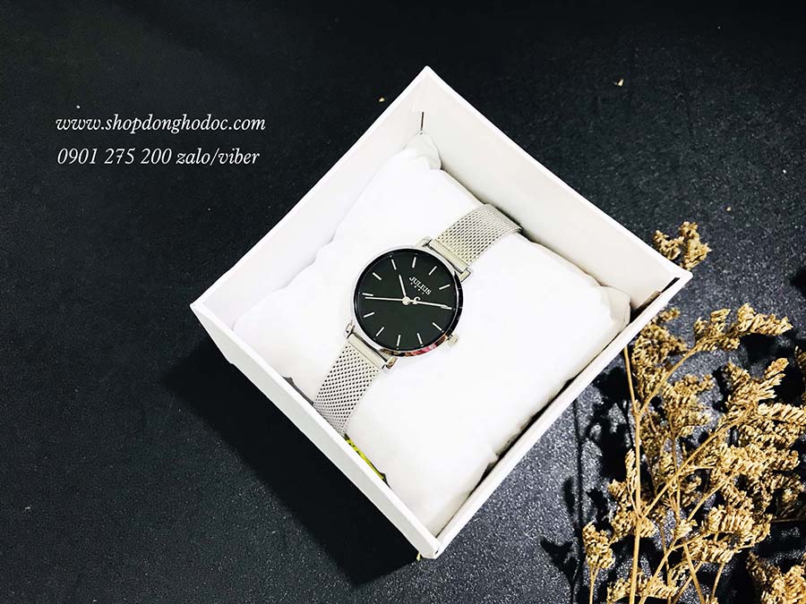 Đồng hồ nữ dây kim loại lưới bạc mặt tròn đen cá tính Julius 1164 ĐHĐ24903