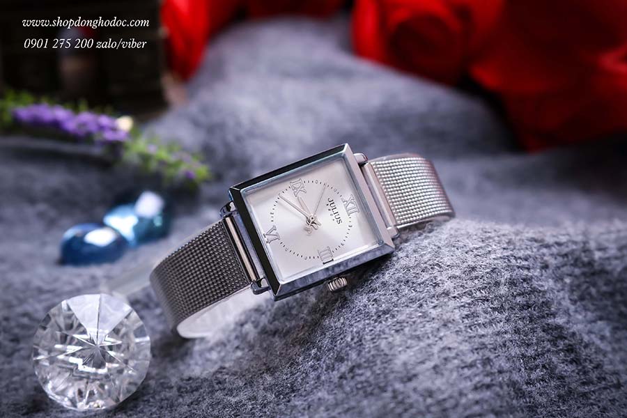 Đồng hồ nữ dây kim loại lưới mặt chữ nhật bạc thanh lịch Julius 1202 ĐHĐ25002