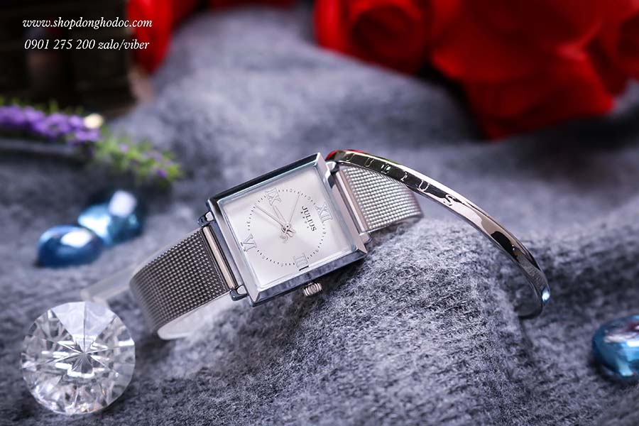 Đồng hồ nữ dây kim loại lưới mặt chữ nhật bạc thanh lịch Julius 1202 ĐHĐ25002