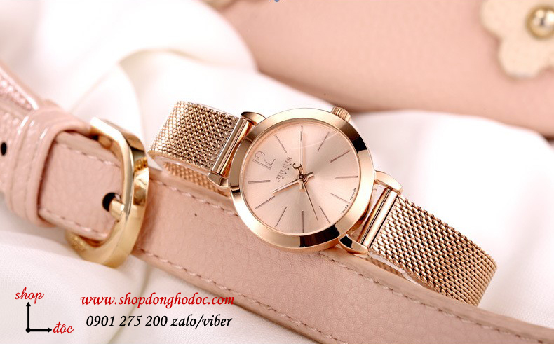 Đồng hồ nữ dây kim loại lưới vàng mặt tròn hồng nhạt thời trang Julius 732 ĐHĐ25403