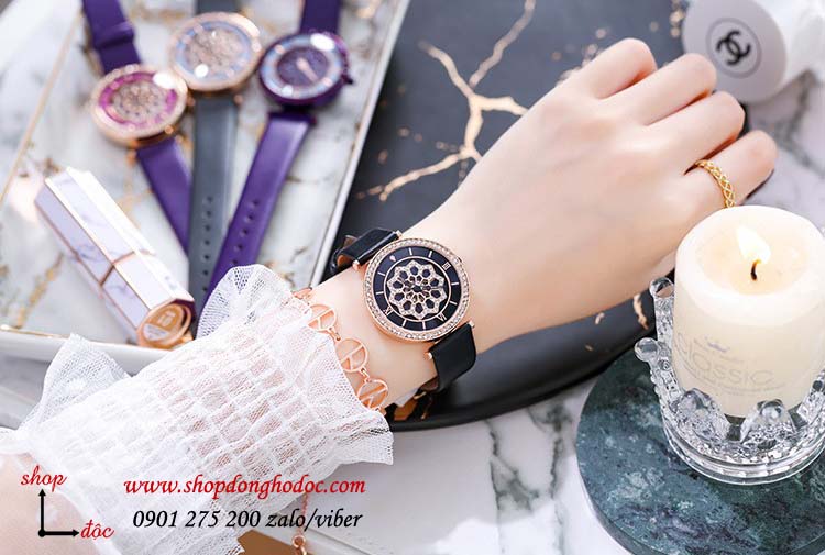 Đồng hồ nữ dây da mặt tròn hoa xoay 360 độ đen quý phái Guou ĐHĐ27106