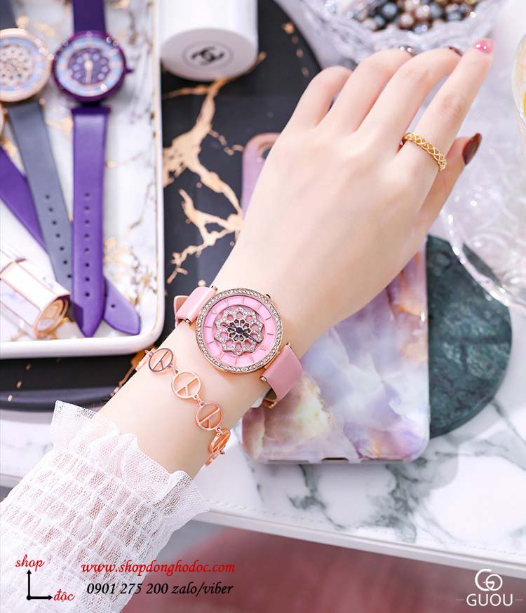 Đồng hồ nữ dây da mặt tròn hoa xoay 360 độ hồng pastel Guou ĐHĐ27101