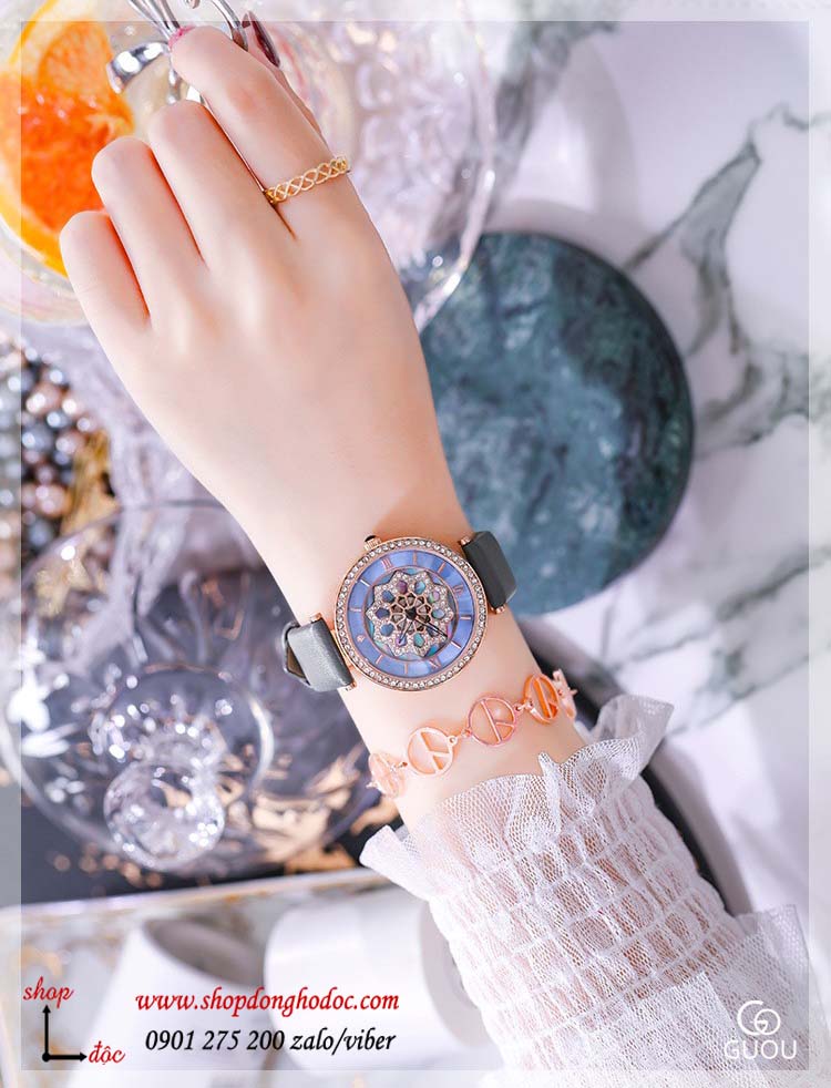 Đồng hồ nữ dây da mặt tròn hoa xoay 360 độ xám thời trang Guou ĐHĐ27102