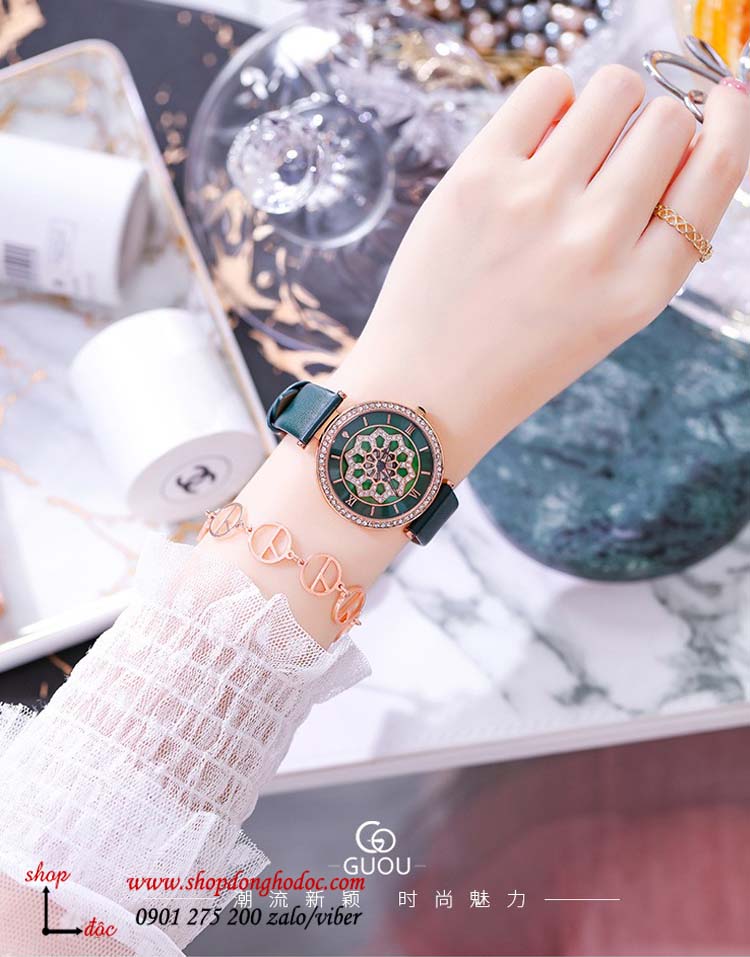 Đồng hồ nữ dây da mặt tròn hoa xoay 360 độ xanh lục cá tính Guou ĐHĐ27104