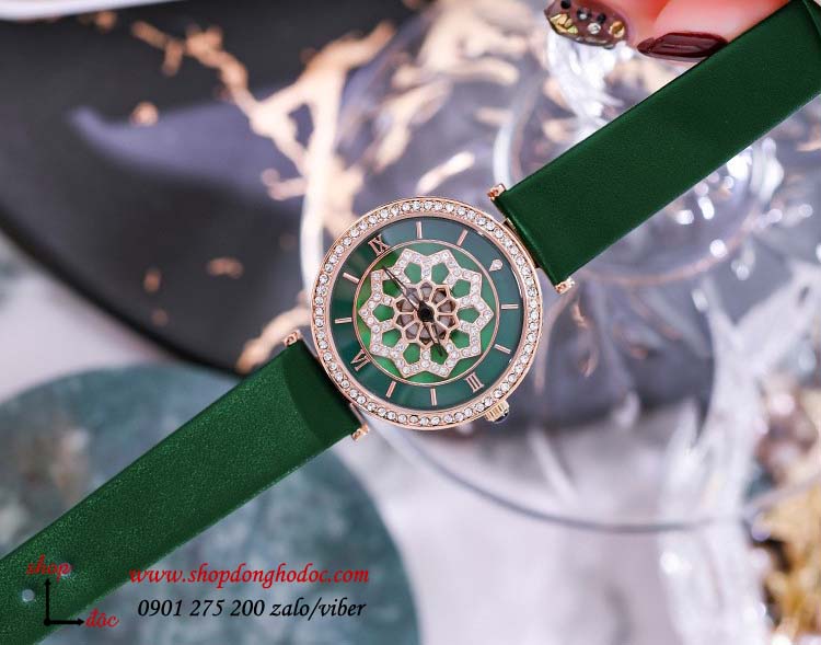 Đồng hồ nữ dây da mặt tròn hoa xoay 360 độ xanh lục cá tính Guou ĐHĐ27104