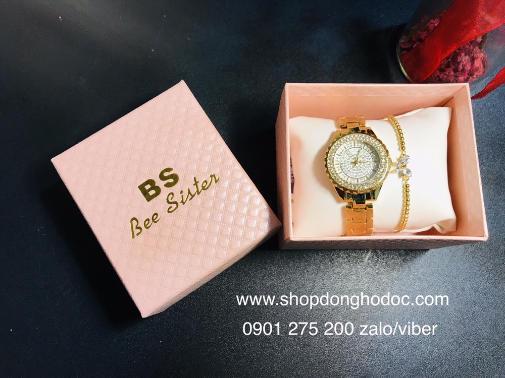 Đồng hồ nữ dây kim loại vàng mặt tròn đính đá sang chảnh BS ĐHĐ1401