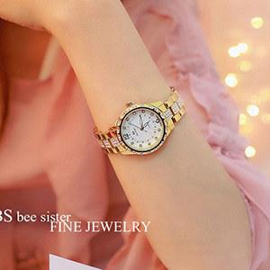 Đồng hồ BS Bee Sister nữ dây kim loại mặt tròn size to đính đá vàng sang chảnh ĐHĐ18103