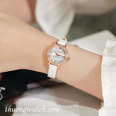 Đồng hồ nữ Guou 6043 dây da mặt tròn size nhỏ trắng sang chảnh ĐHĐ39201