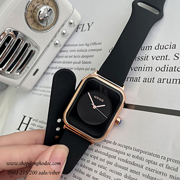 Đồng hồ Guou nữ dây silicon đen mặt chữ nhật đen sành điệu ĐHĐ38505