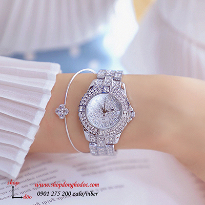 Đồng hồ nữ BS Bee Sister dây kim loại bạc mặt tròn đính đá thời thượng ĐHĐ10702