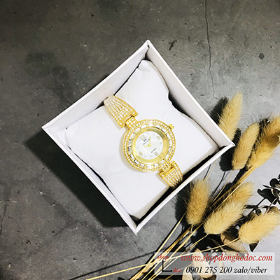 Đồng hồ nữ BS Bee Sister dây kim loại mặt tròn đính đá vàng ĐHĐ10601