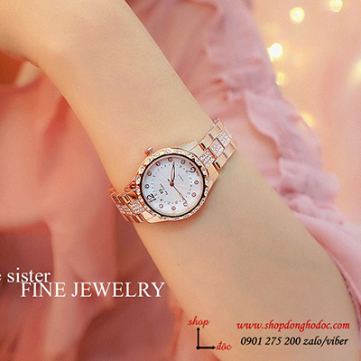 Đồng hồ nữ BS Bee Sister dây kim loại mặt tròn đính đá vàng hồng sang chảnh ĐHĐ18102