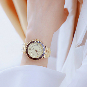 Đồng hồ nữ BS Bee Sisiter Size to có Lịch dây kim loại mặt tròn vàng ĐHĐ29404