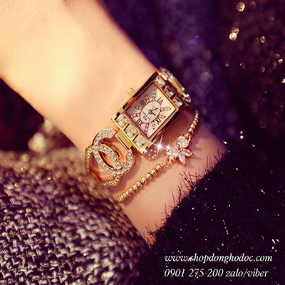Đồng hồ nữ BS dây kim loại mặt chữ nhật vàng đính đá ĐHĐ18202