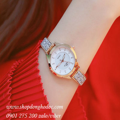 Đồng hồ nữ BS Bee Sister dây kim loại mặt tròn đính đá vàng hồng ĐHĐ18002