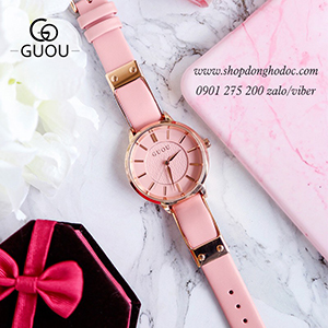 Đồng hồ nữ dây da mặt tròn hồng pastel nhẹ nhàng Guou ĐHĐ22905