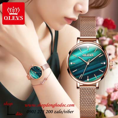 Đồng hồ nữ dây kim loại lưới mặt tròn xanh lục cá tính Olevs ĐHĐ20601