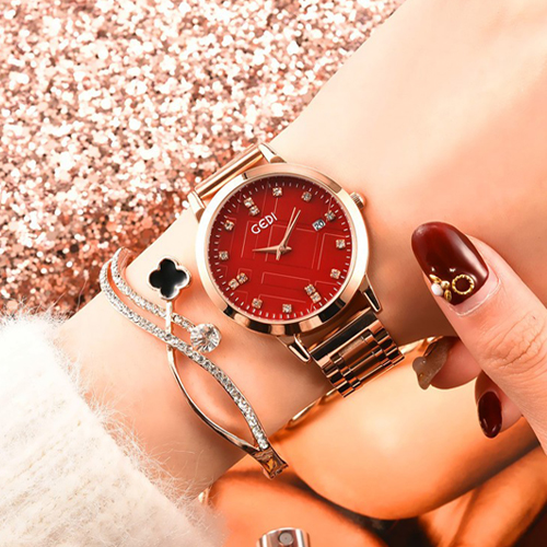 Đồng hồ nữ dây kim loại mặt tròn đỏ đính đá quyến rũ ĐHĐ27201