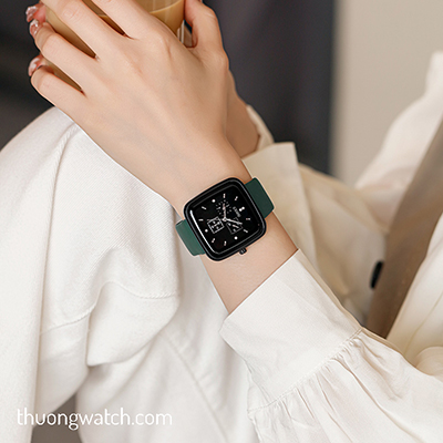 Đồng hồ nữ Guou 6050 dây cao su mặt vuông xanh lục sành điệu ĐHĐ41403