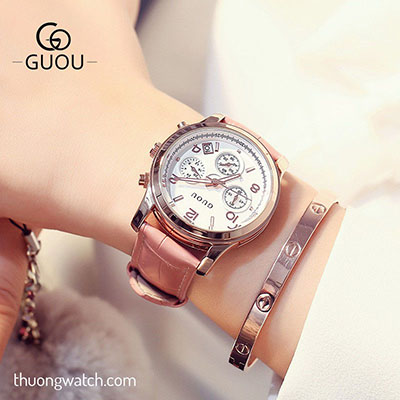 Đồng hồ nữ Guou 8175 dây da mặt tròn size to hồng pastel ĐHĐ39403