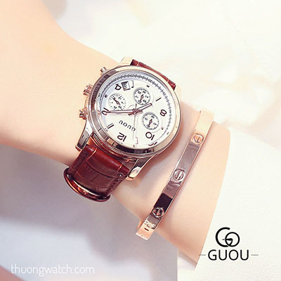 Đồng hồ nữ Guou 8175 dây da mặt tròn size to nâu cổ điển ĐHĐ39401