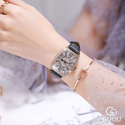 Đồng hồ nữ Guou dây da mặt chữ nhật oval đính đá xám ĐHĐ40004