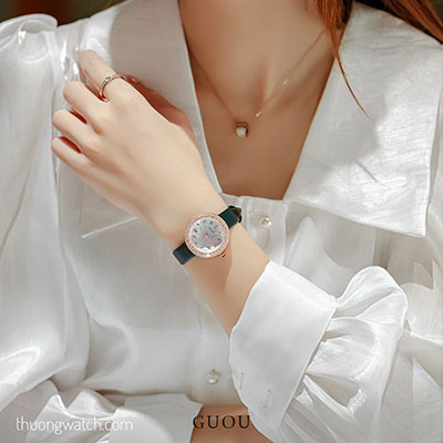 Đồng hồ nữ Guou 8826 dây da mặt tròn đính đá xanh lục ĐHĐ39302