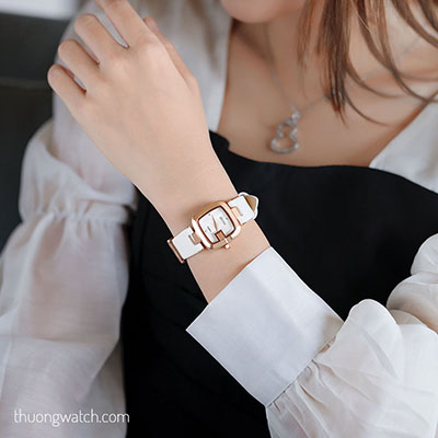 Đồng hồ nữ Guou 8190 dây da mặt vuông size nhỏ trắng ĐHĐ39804
